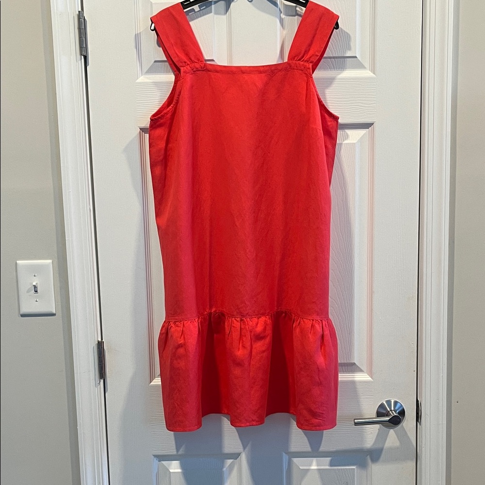LOFT Vibrant Coral Square Neckline Linen Blend Ruffle Hem Mini Dress Size L